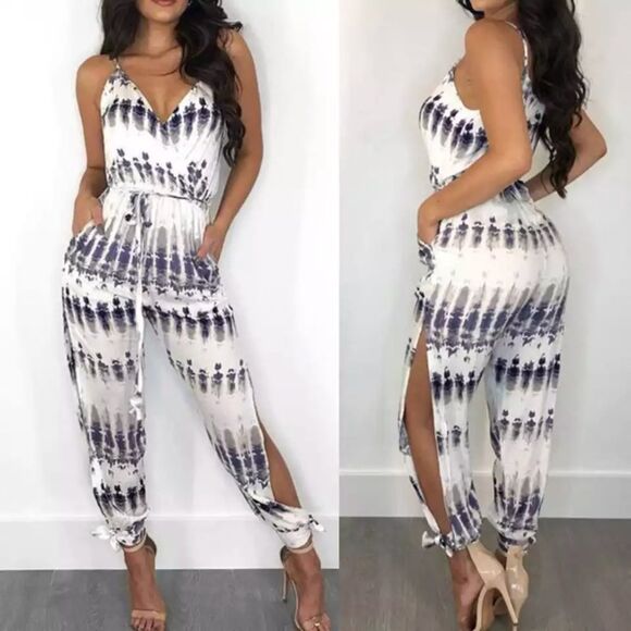 Other - Brand New Navy & White Tie-Dye Long Romper Jumpsuit
